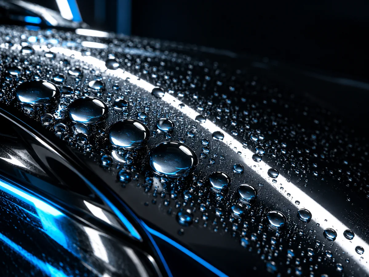 Water beads on glossy black ceramic-coated car paint