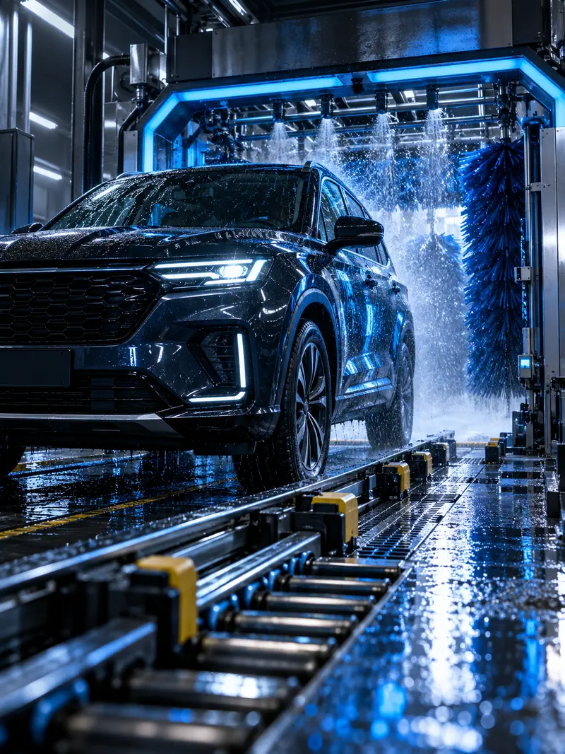 Dark SUV entering a blue-lit automated car wash on conveyor rollers