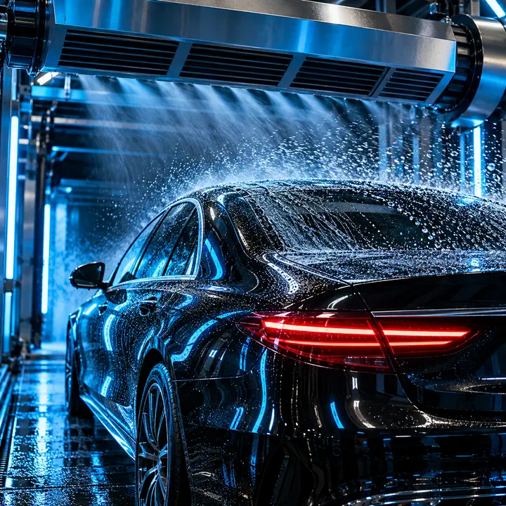 Overhead air dryer clearing water from a black sedan inside the tunnel