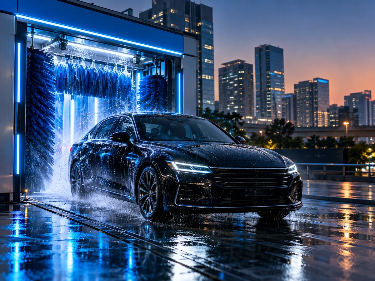 Freshly washed black sedan driving out of a blue-lit car wash tunnel