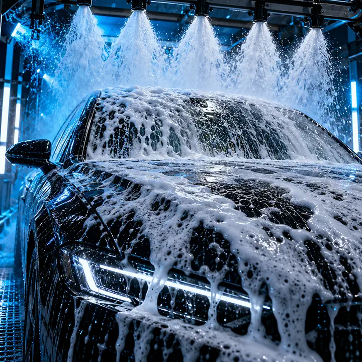 Thick active foam covering a black car beneath overhead wash sprays