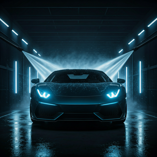 High-pressure water jets in a dark tunnel with blue lighting