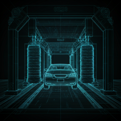 Blueprint-style technical rendering of an advanced automated car wash tunnel